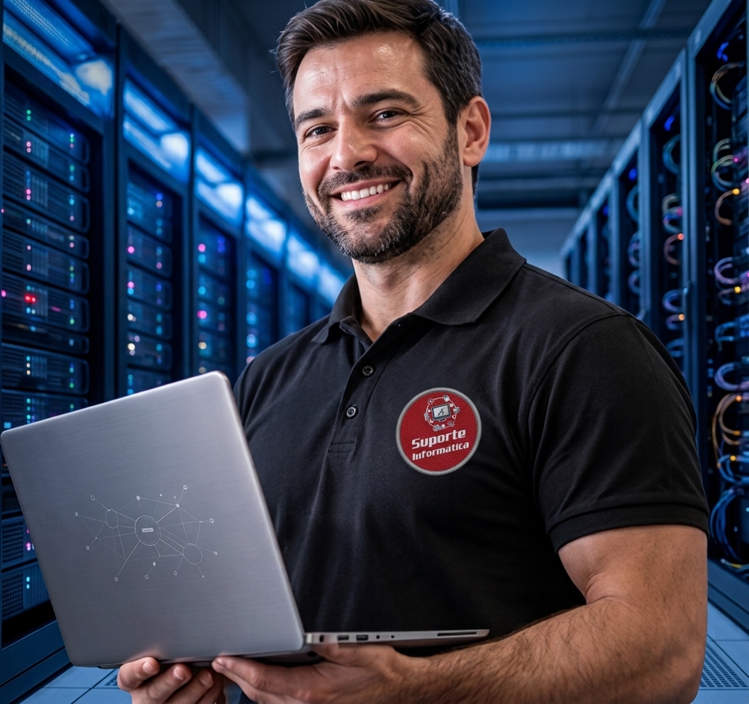 Profissional de TI sorrindo segurando um notebook